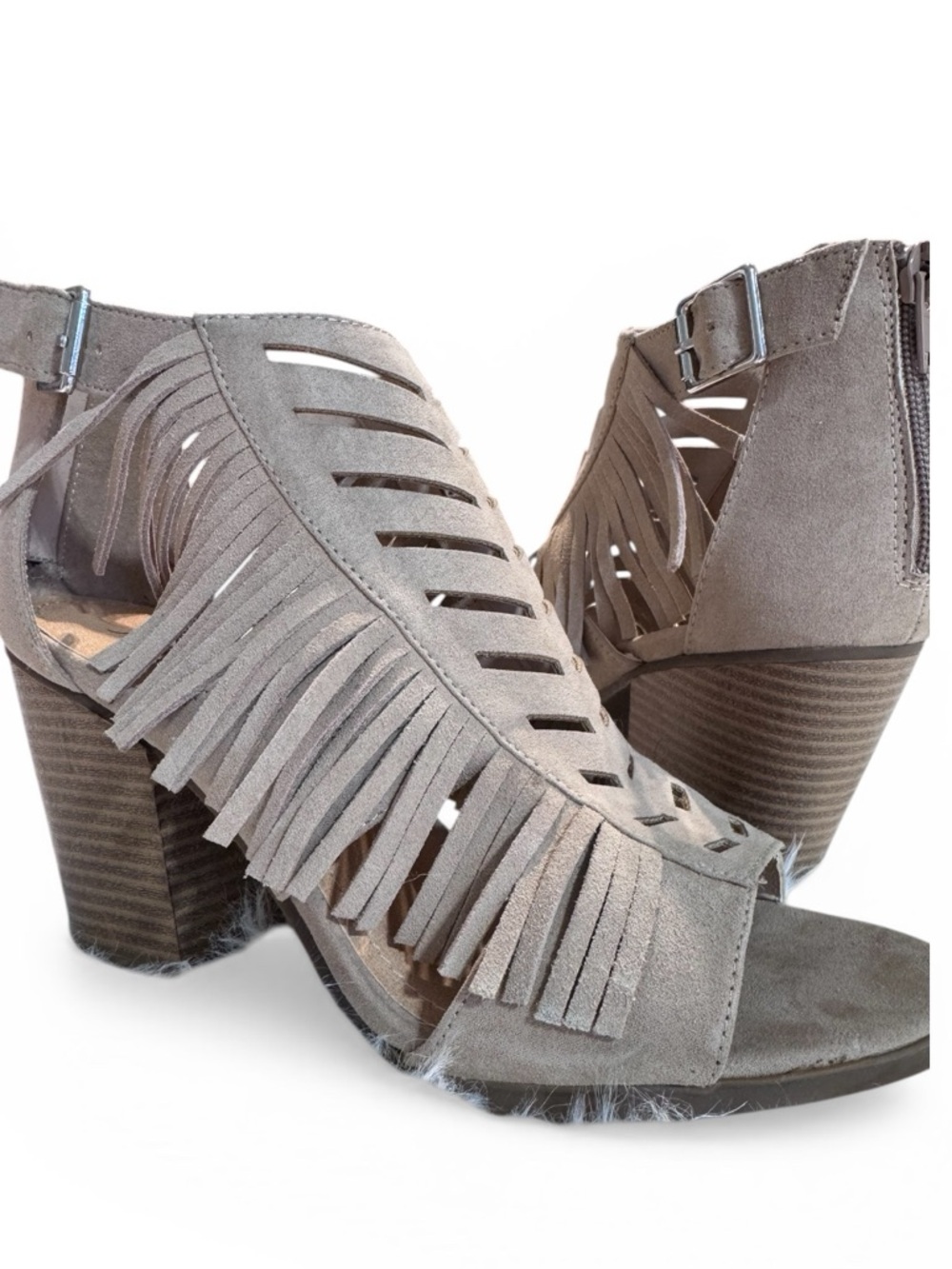 sugar Fringe Suede Open-Toe Block Heel Sandals - Taupe Size 8.5
